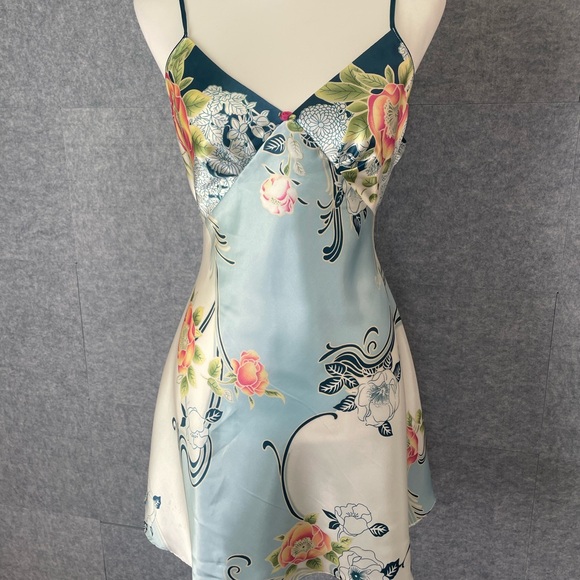 Oscar de la Renta Blue Floral Satin Chemise/slip dess - Picture 4 of 8